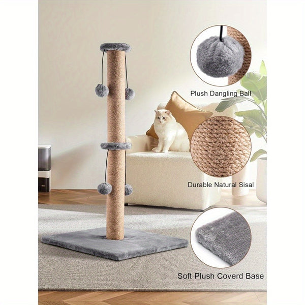 Cat Scratching Post 74cm Foldable Bottom Tall Cat Claw Scratcher with 4 Toy Ball Natural Sisal Scratch Pole and Soft Carpet Covered Heavy Base Modern Stable Design for Cats Gray