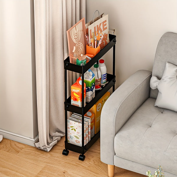 3-Tier Slim Rolling Storage Cart with Narrow Space-Saving & Heavy-Duty Plastic Shelving Unit - Mobile Utility Cart Suitable for Kitchen, Bathroom, Laundry Room, Office - Assembly, No Metal Parts, Lightweight Shelving Unit, Standing Shelf