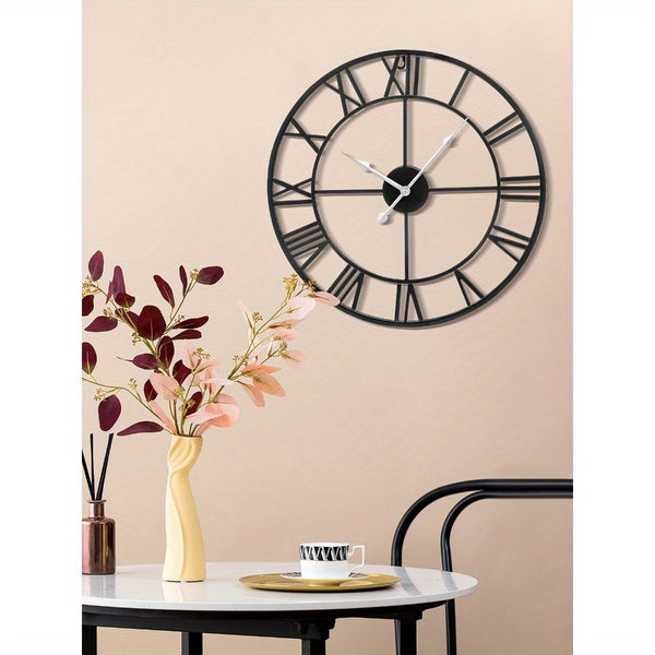 Vintage Large Wall Clock 60CM Vintage Black Round Metal Silent Non ticking Battery Operated Clock Skeleton Roman Numerals Hanging Clock for Living Room Bedroom Kitchen