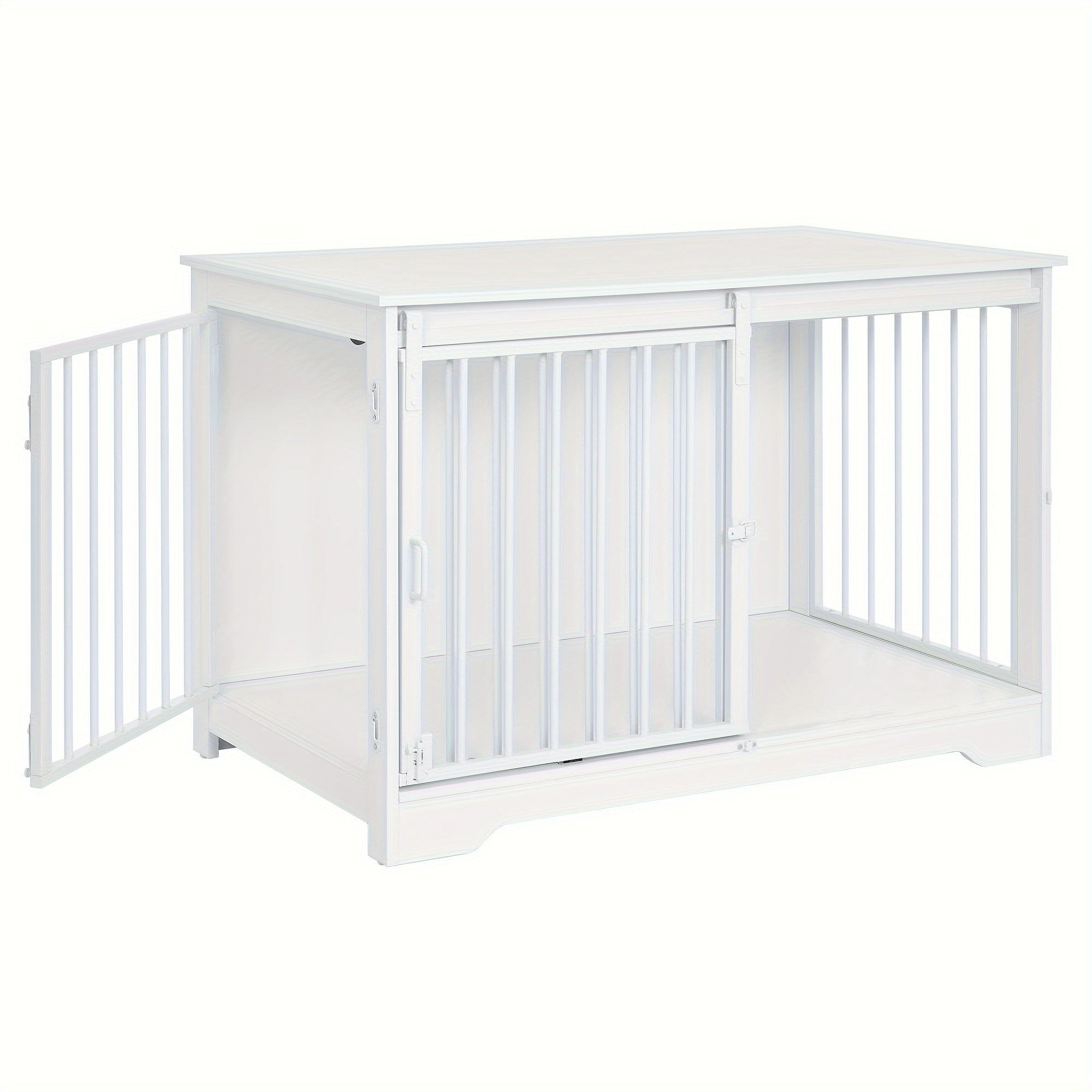 Dog Crate Furniture, 100.08cm Double Door Dog Crate with Barn Door, Dog Kennel Indoor, End Side Table Wooden Dog Crate for Small Medium Large Dog, Anti-Chew Anti-Escape, Greige, White