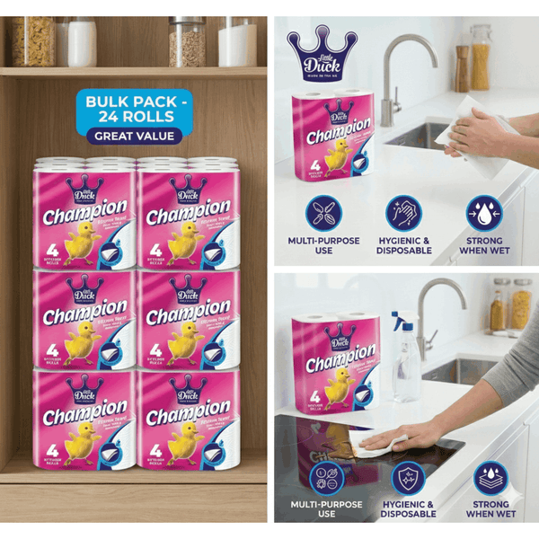 Little Duck Champion 2-Ply Kitchen Towel – 24 Rolls Bulk Pack – Absorbent, Food Contact Safe & Wet Strength Technology