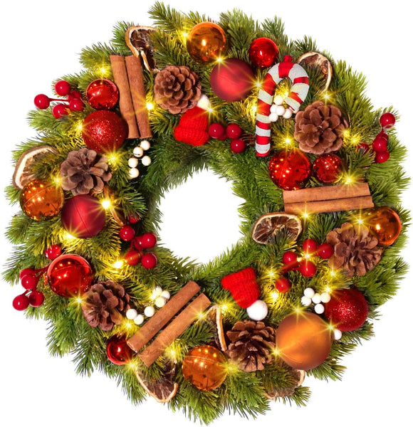 Christmas Wreath, 40Cm/16Inch Battery Powered Christmas Door Wreaths with 40Leds, Artificial Xmas Wreaths with Timer Function 8 Modes for Front Door Fireplace Festival Wall Decoration