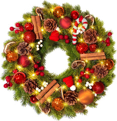 Christmas Wreath, 40Cm/16Inch Battery Powered Christmas Door Wreaths with 40Leds, Artificial Xmas Wreaths with Timer Function 8 Modes for Front Door Fireplace Festival Wall Decoration