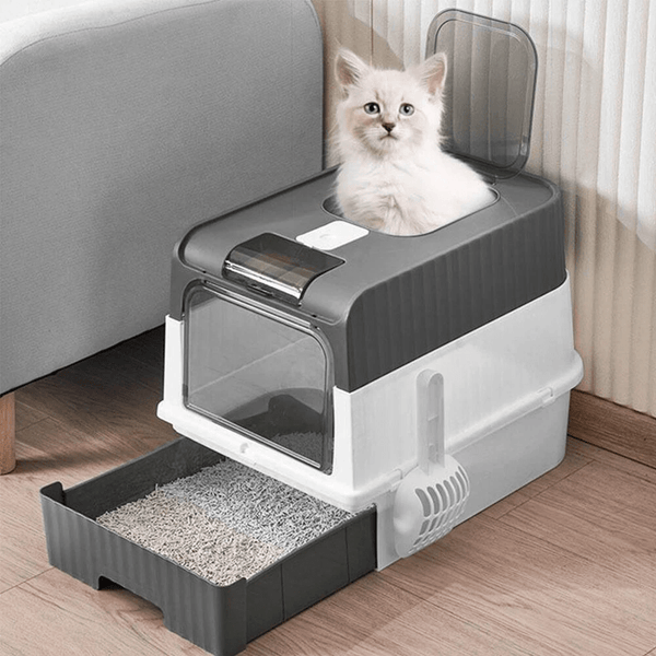 2PCS XL Large Cat Litter Box Self Cleaning Pan Drawer Anti-Splashing Cat Potty Tray Grey 49X35X37CM
