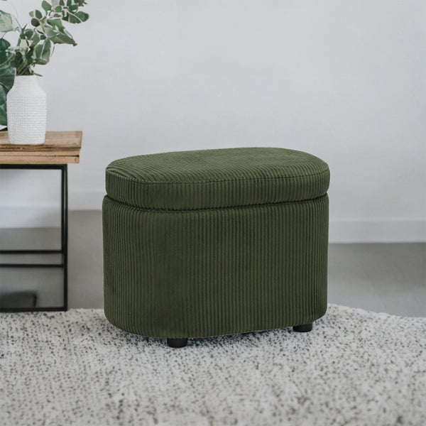 1pc Plush Teddy Round Upholstered Storage Ottoman Stool - 60x40x45cm Lidded Footrest with Hidden Storage Space | Multi-Functional Shoe Changing Bench for Living Room, Bedroom & Entryway | 3cm Black Plastic Legs (Green/White)