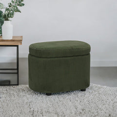 1pc Plush Teddy Round Upholstered Storage Ottoman Stool - 60x40x45cm Lidded Footrest with Hidden Storage Space | Multi-Functional Shoe Changing Bench for Living Room, Bedroom & Entryway | 3cm Black Plastic Legs (Green/White)
