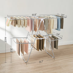 Clothes Drying Rack, Foldable 2-Level Laundry Drying Rack, with Height-Adjustable Wings, 33 Drying Rails, Sock Clips, Silver and White