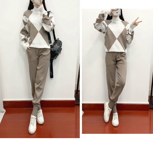 Women'S New Arrival Autumn/ Winter 2024 Casual Check Pattern Sweater Set - Style Trendy Two-Piece Outfit, Long Sleeve, Square Neck, Color Block, Drawstring, Pants, Casual Wear|Check Pattern Top|Drawstring Pants, Sweater Set