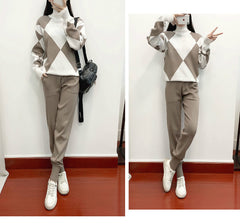 Women'S New Arrival Autumn/ Winter 2024 Casual Check Pattern Sweater Set - Style Trendy Two-Piece Outfit, Long Sleeve, Square Neck, Color Block, Drawstring, Pants, Casual Wear|Check Pattern Top|Drawstring Pants, Sweater Set