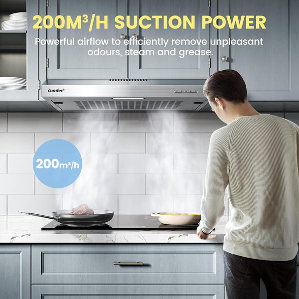 Midea COMFEE' 60 cm Visor Cooker Hood – Practical Home LED Under Cabinet Hood, Wall-Mounted Extractor Fan for 600 mm Kitchen Spaces, Top Vented Range Hood in Stainless Steel [Energy Class B]