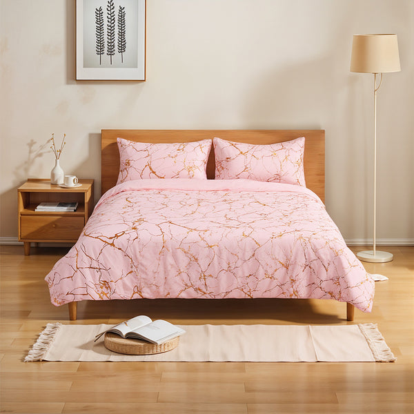 1set Pink High-end Bronzing Gilt Marble Bed Duvet Cover and Pillowcase Set, Soft and Comfortable Bedding Three-piece Set for All Seasons, 200*200cm / 220*230cm