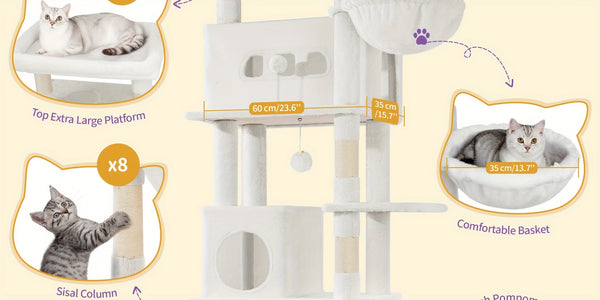 Cat Tree for Indoor Cats, 210cm Large Tall Cat Tower, Multi-Level Cats House with Condo, 8 Scratching Posts, Hammock, 4 Pom Poms