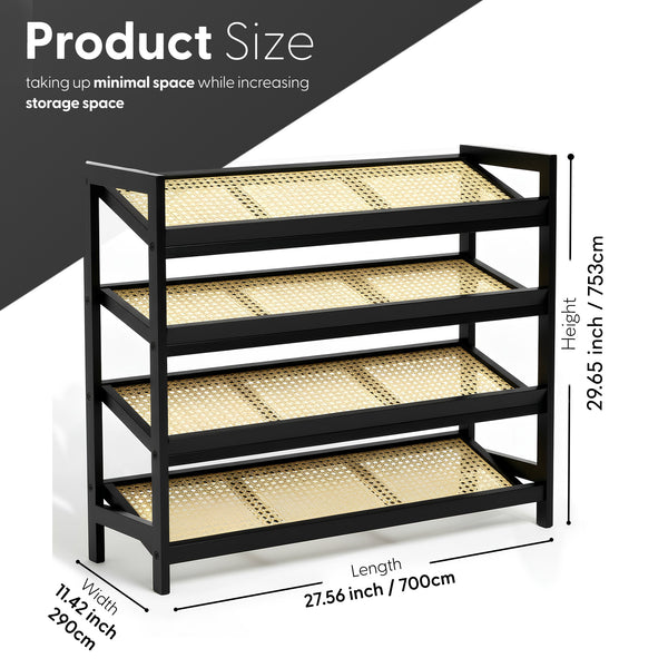 KEPLIN 2/3/4-Tier Bamboo and Rattan Shoe Rack Organizer – Durable, Easy Assembly – Compact Design for Entryway, Closet, or Hallway – Stylish and Functional Storage – Black and Natural