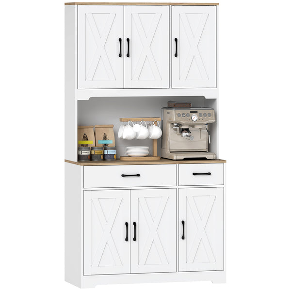 175 cm Tall Kitchen Pantry Cabinet with Microwave Stand, Farmhouse Kitchen Hutch, Freestanding Pantry Cupboard with 2 Drawers, 2 Adjustable Shelves and Cable Management, White