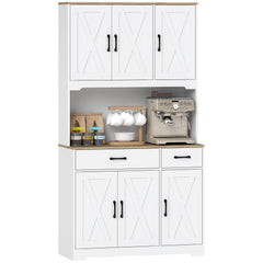 175 cm Tall Kitchen Pantry Cabinet with Microwave Stand, Farmhouse Kitchen Hutch, Freestanding Pantry Cupboard with 2 Drawers, 2 Adjustable Shelves and Cable Management, White