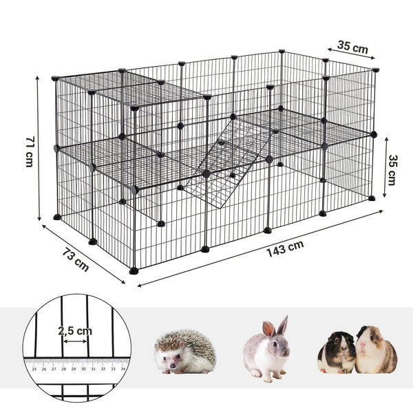 2-Floor Metal Pet Playpen, 36 Grid Panels, Customisable Cage Enclosure for Small Animals, Guinea Pigs Hamster Runs, Rabbit Hutches, Includes Mallet, Indoor, 143 x 73 x 71 cm