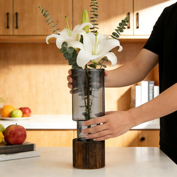 3pcs Glass Vase for Flowers - 25cm Tall Cylindrical Vase with Wooden Base Clear Large Flower Vases Boho Rustic Style Vases Modern Minimalist Ornaments for Pampas Grass Dried Flowers Wedding Home Decor