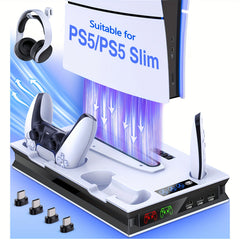 Compatible for PS5/PS5 Slim/PS5 Pro Cooling Stand with Charging Station, 3-Speed Quiet Cooling Fan, 4-Port USB-C Charger & Headphone Hook - for PS5 Console (Disc & Digital)