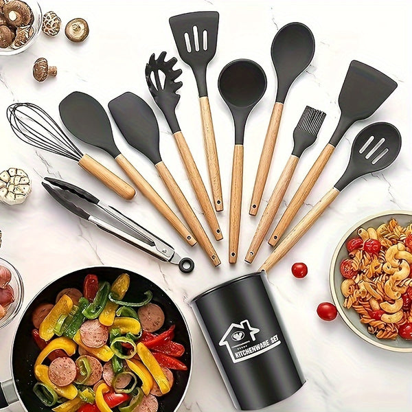 12pcs/22pcs Kitchen Utensils Set, Kitchen Cooking Utensils Set, Spoon, Spatula, 446F Heat Resistant Non Stick Food Grade Silicone And Wooden Handles, Kitchen Tools Set