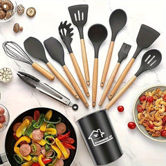 12pcs/22pcs Kitchen Utensils Set, Kitchen Cooking Utensils Set, Spoon, Spatula, 446F Heat Resistant Non Stick Food Grade Silicone And Wooden Handles, Kitchen Tools Set