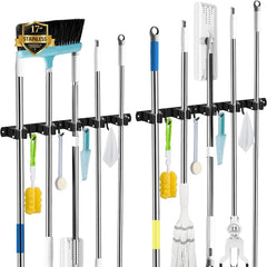Broom and Mop Holder - Wall Mounted 5 Holders + 4 Hooks with Nails Installation, Stainless Steel, Self Adhesive, Heavy Duty Gripper