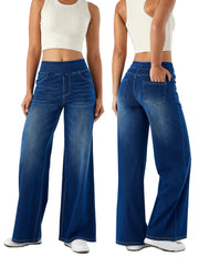 Women'S High-Waist Stretch Denim Wide-Leg Pants with Multiple Pockets, Distressed Vintage Casual Denim Long Pants