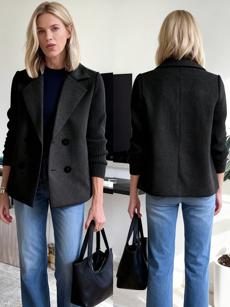 A Stylish And Sophisticated Patchwork Coat for Women, Designed with a Lapel Collar And Double-Breasted Closure, Featuring a Ribbed Texture. Perfect for Casual Autumn And Winter Outfits, Office Environments, And Social Events