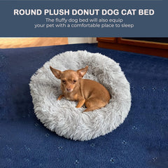 40/50/60/70cm Round Plush Donut Dog/Cat Bed Cuddler Pet Cushion Self-Warming Bed Washable Dog Bed with Non-Slip and Waterproof Bottom Calming Dog Bed