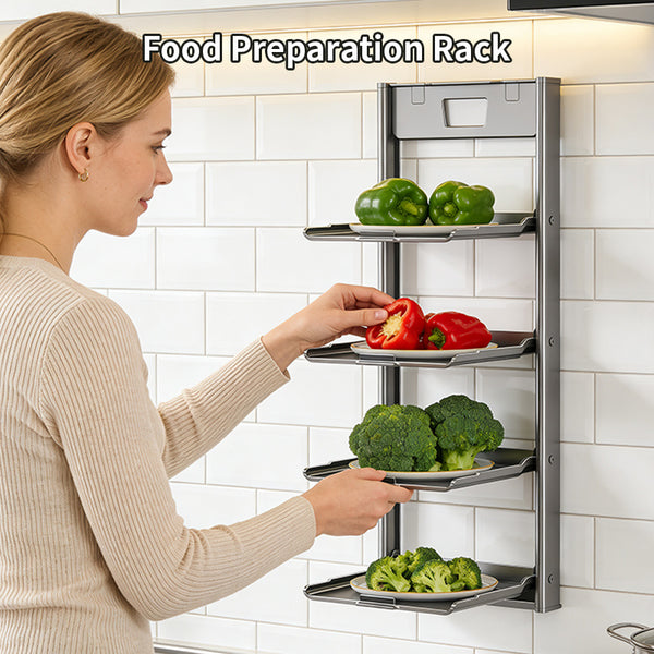 4-Tier Foldable Wall-Mounted Kitchen Prep Station & Space-Saving Shelf - Heavy-Duty Carbon Floating Shelves with Suction Cup Mount Suitable for Home & Restaurant Use, Foldable Organizer for Spice Rack, Dish Drying & Vegetable Prep