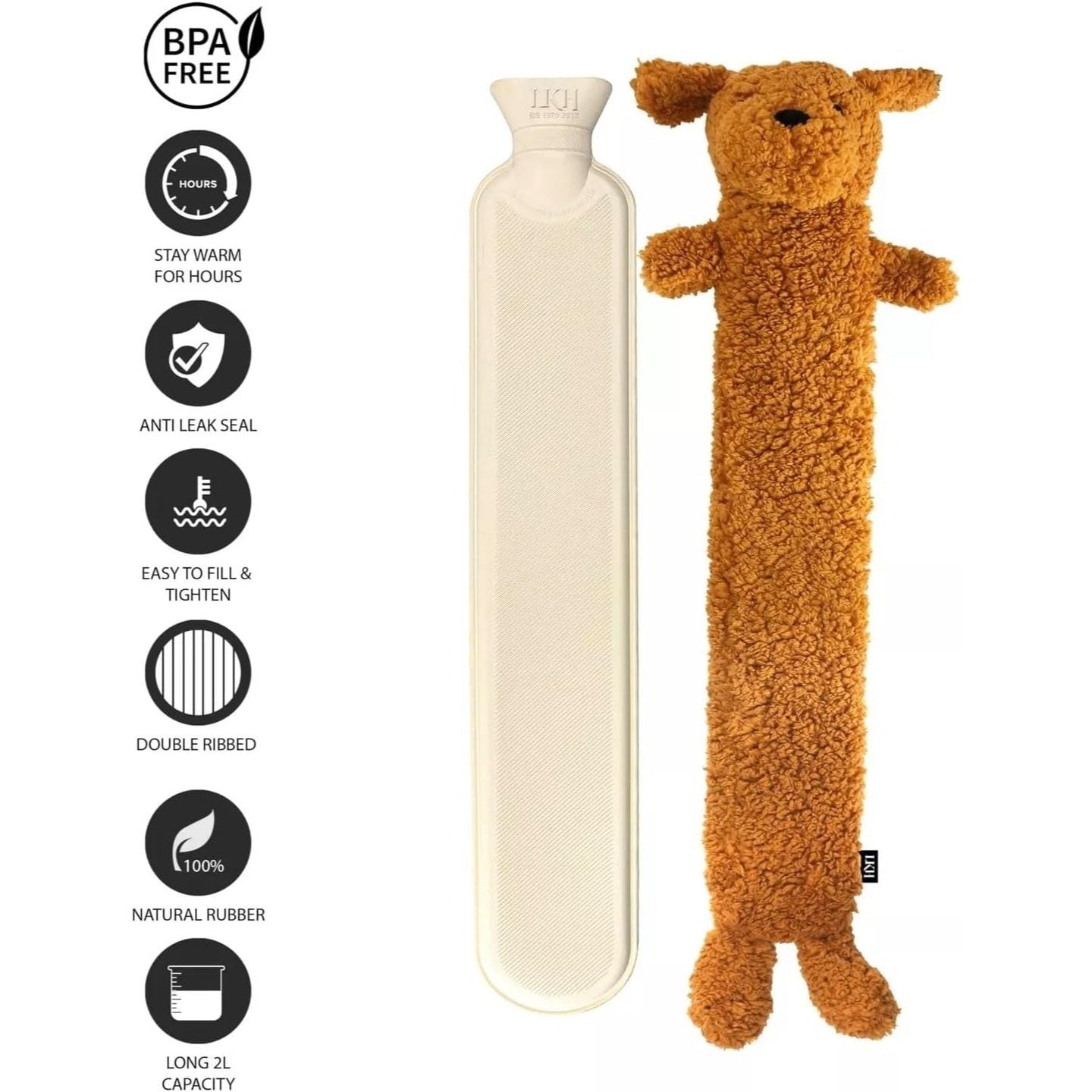 ADEPTNA Extra Long Hot Water Bottle with Sherpa Animal Character - Soft Plush Faux Fur Cover - Comfortable, Safe, Anti-Leak - Body Hot Water Bottle for Neck and Shoulder, Back, Legs, Waist