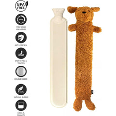 ADEPTNA Extra Long Hot Water Bottle with Sherpa Animal Character - Soft Plush Faux Fur Cover - Comfortable, Safe, Anti-Leak - Body Hot Water Bottle for Neck and Shoulder, Back, Legs, Waist
