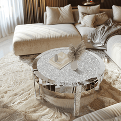 LUVODI Large Round Mirrored Coffee Table Beveled Bling Crushed Diamond End Table for Living Room, Bedroom, Office Decor