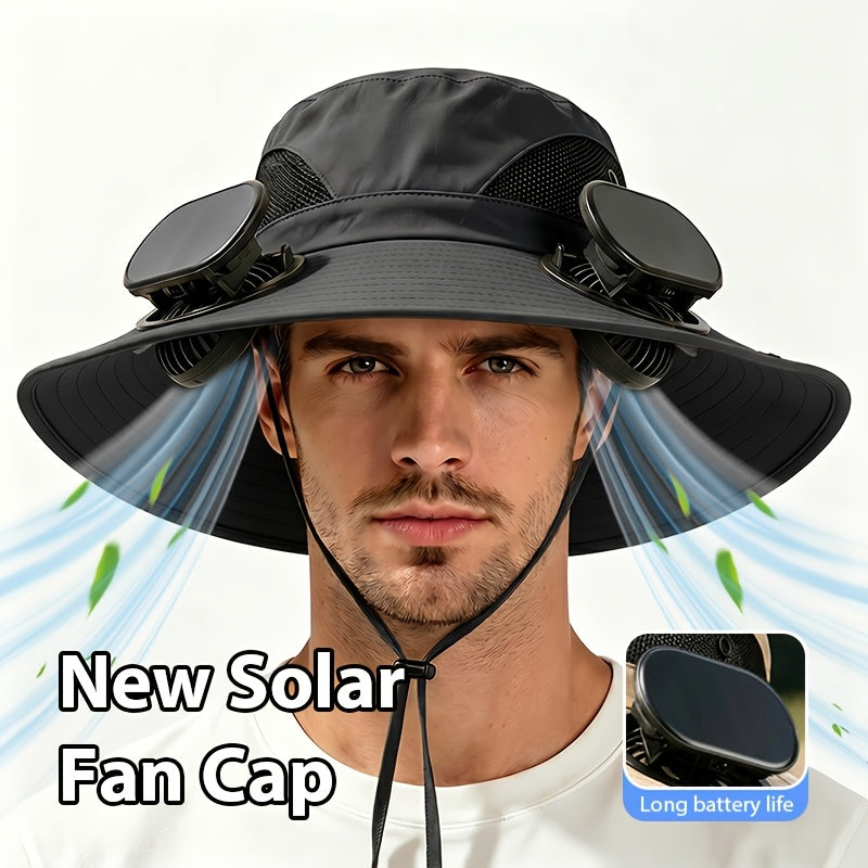 Wearing An Outdoor Solar Fan Hat, It Features A Dual-fan Design And A Wide Brim, Supports USB Charging to Ensure Long-lasting Battery Life, And Is Perfect for Activities Such As Camping, Hiking And Fishing.