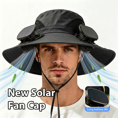 Wearing An Outdoor Solar Fan Hat, It Features A Dual-fan Design And A Wide Brim, Supports USB Charging to Ensure Long-lasting Battery Life, And Is Perfect for Activities Such As Camping, Hiking And Fishing.