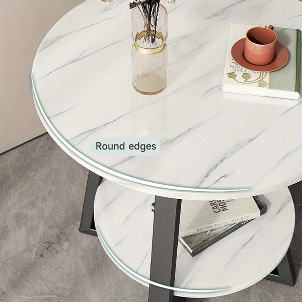 Marble Effect Round Small Coffee Tea Table 2 Tier White Grey Sofa Side Tables Living Room Bedroom Corner Plant Pot Stand Flower Pot Holder Display Shelf Metal Base