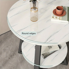 Marble Effect Round Small Coffee Tea Table 2 Tier White Grey Sofa Side Tables Living Room Bedroom Corner Plant Pot Stand Flower Pot Holder Display Shelf Metal Base