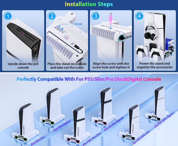 For Ps5/Slim/Pro Cooling Station And Controller Charging Station with RGB Stand for Playstation 5 Console - for PS5 Controller Charger, Cooling Stand Accessory Kit-Cooler Fan/Headset Holder/3 USB Hub, White