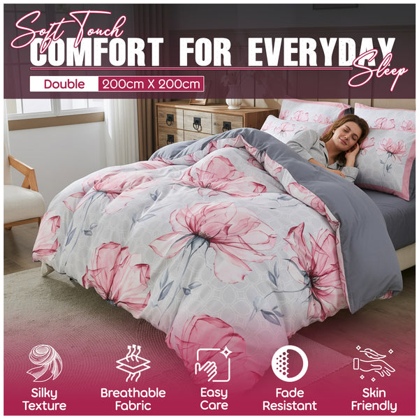 Floral Printed Duvet Cover Set with Matching Pillowcases | Soft Microfiber Quilt Cover for Single, Double and King Beds | Lightweight and Breathable All-Season Bedding Set | Easy Care Fabric with Pink Flower Design for Modern Bedroom Décor | Local Warehou