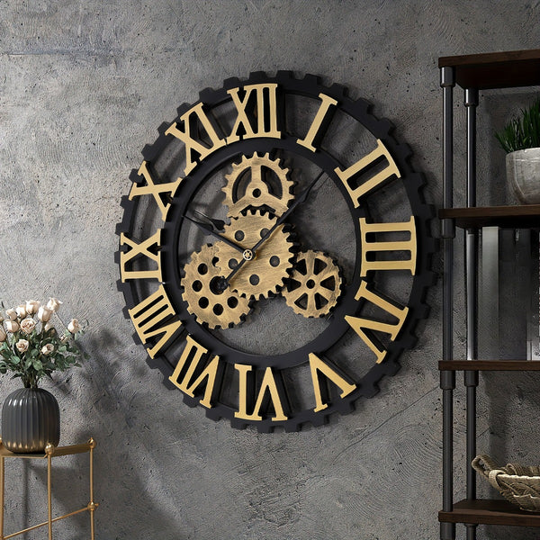 50cm European Vintage Gear Wall Clock with Large Roman Numerals, Outdoor Garden Wall Clock, Industrial Style Giant Open Face Skeleton Clock, Silent Non-Ticking Quartz Clock, Living Room Bedroom Office Kitchen Patio Bar Farmhouse Clock, Christmas & Hallowe