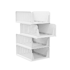 Set of 4 Stackable Foldable Wardrobe Storage Box Organizer, Plastic White Wardrobe Shelves Closet Organiser Box, Pull Out Like a Drawer, Suitable for Home, Bedroom, Kitchen (Easy Open and Folding)
