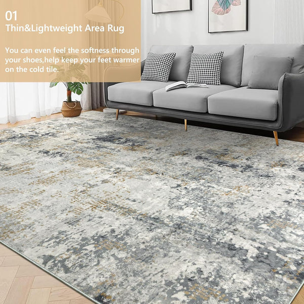 200x300cm Large Modern Abstract Rugs Living Room Non-slip Area Rug Short Pile Faux Bedroom Carpet Lightweight Washable Minimalist Floor Mat for Living Room Bedroom Office Decor, Gray Golden,