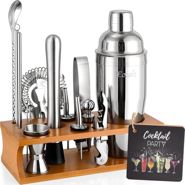 Cocktail Making Set, Cocktail Shaker Set 750Ml Stainless Steel Bar Tool Set Bartender Kit with Bamboo Display Stand for Home & Bar (Black Silver - 17PCS)