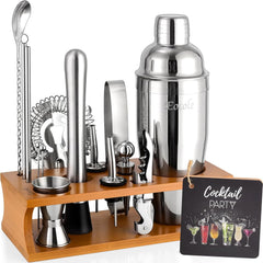 Cocktail Making Set, Cocktail Shaker Set 750Ml Stainless Steel Bar Tool Set Bartender Kit with Bamboo Display Stand for Home & Bar (Black Silver - 17PCS)