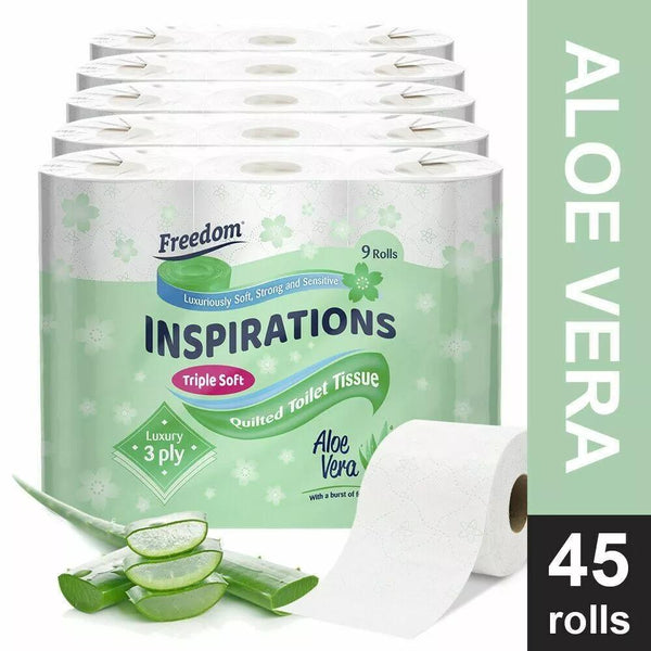 Freedom Inspiration 45 Luxury Toilet Rolls - 3-Ply Bathroom Tissue with Aloe Vera Fragrance Pack Scented Sheets Wipes