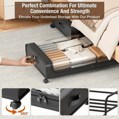2 Sets, Underbed Storage Box, Underbed Storage Box with Wheels Lid, 96L Metal Frame, Bed Box, Organiser, Storage Bag, Foldable Underbed Box for Clothes, Shoes, Blankets, Bedding, Black, Under-Bed Storage