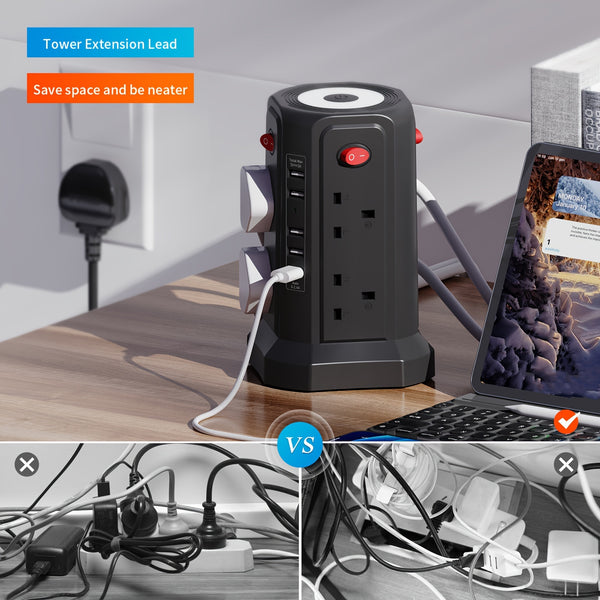 Upgraded New Product Tower Extension Lead with USB Slots 3.02m, 20W Fast Charger with Night Light, (13A 3250W)5 USB Ports & 8 Way, Surge Protected Extension Lead with 4 Independent Switch, Extension Cable for Home Office for Business for Factory