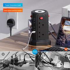 Upgraded New Product Tower Extension Lead with USB Slots 3.02m, 20W Fast Charger with Night Light, (13A 3250W)5 USB Ports & 8 Way, Surge Protected Extension Lead with 4 Independent Switch, Extension Cable for Home Office for Business for Factory