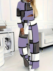 Casual Color Block 2pcs Set, Long Sleeve Hooded Top And Drawstring Pants, Women'S Clothing