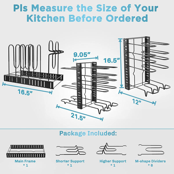 Pots and Pans Organizer, 8 Tier with 3 DIY Methods, Adjustable Rack for Cabinet, Kitchen Organization, Storage and for Pot Lid