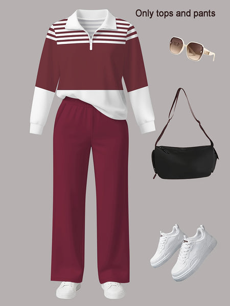 Women's 2pcs Suit Set - Striped Half-Pallet Pullover Top & Solid Color Pants with Zipper Closure, High-Elasticity Straight Leg Pants, Loose Fit for Commuting, Office & Daily Wear - All-Season Professional Attire (2pcs Matching Set)